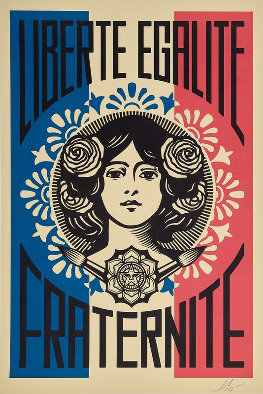 Shepard Fairey, 2024 - LIBERTÉ EGALITÉ FRATERNITÉ -  Offset lithograph on cream speckle tone paper cm 91,5 x 61 - in 36 x 24 - Signed and dated