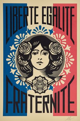 Shepard Fairey, 2024 - LIBERTÉ EGALITÉ FRATERNITÉ -  Offset lithograph on cream speckle tone paper cm 91,5 x 61 - in 36 x 24 - Signed and dated
