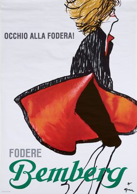 René Gruau - c.a. 1970s - FODERE BEMBERG (Occhio alla Fodera) - Original advertising vintage affiche - c.a. cm 140 x 100 - in 55,1 x 39,4