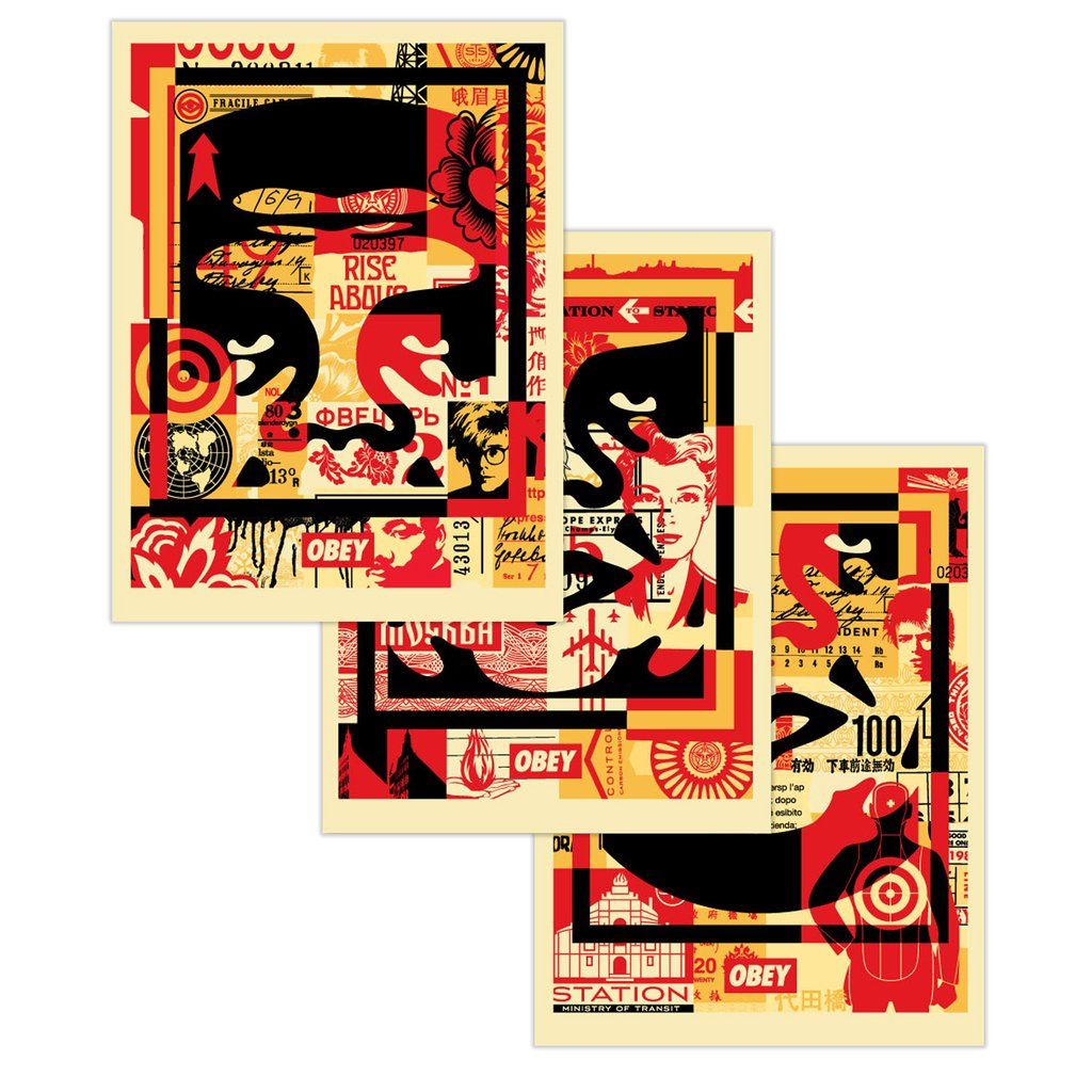 Shepard Fairey, 2024 - OBEY GIANT 3 FACES COLLAGE - Three offset lithographs on cream speckle tone paper -  each cm 61 x 45 - 24 x 17,7 - Signed and dated