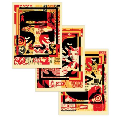 Shepard Fairey, 2024 - OBEY GIANT 3 FACES COLLAGE - Three offset lithographs on cream speckle tone paper -  each cm 61 x 45 - 24 x 17,7 - Signed and dated