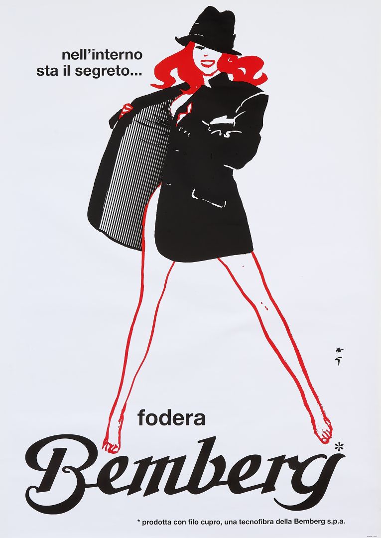 René Gruau, c.a. 1970s - Nell&#39;interno sta il segreto - FODERA BEMBERG - Original advertising vintage affiche - c.a. cm 140 x 100 - in 55,1 x 39,4