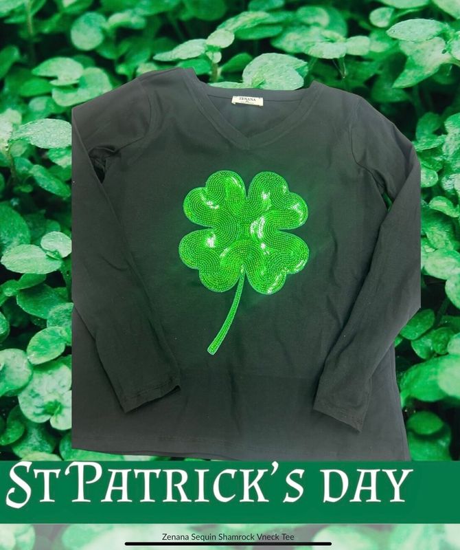 Zenana Sequin Shamrock V-Neck Tee