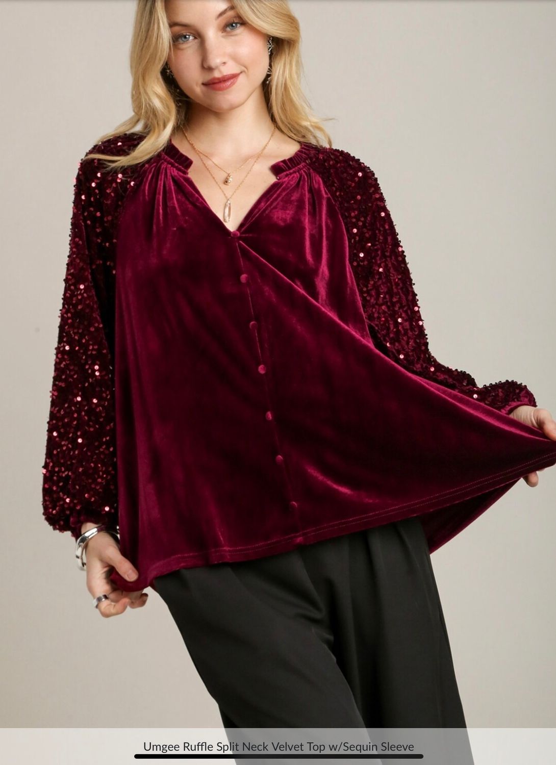 Umgee Ruffle Split Neck Velvet Top w/Sequin Sleeve