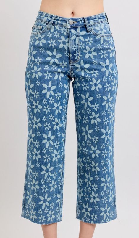 Judy Blue HW Flower Print Crop Wide