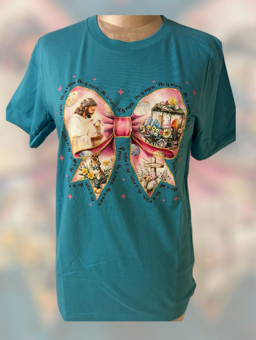 He is Risen Easter Coquette Bow tee
