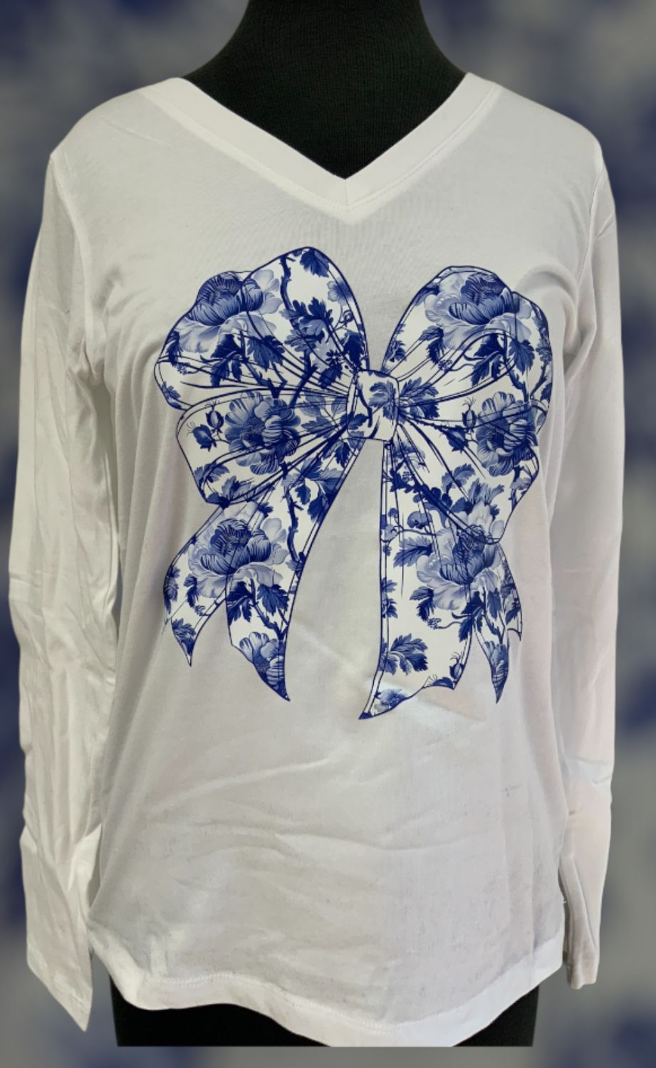 Chinoiserie floral bow Zenana long sleeve Vneck