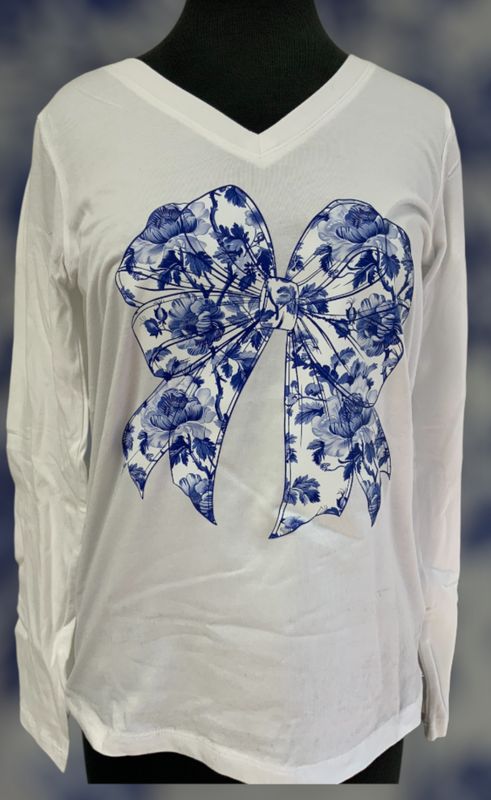 Chinoiserie floral bow Zenana long sleeve Vneck