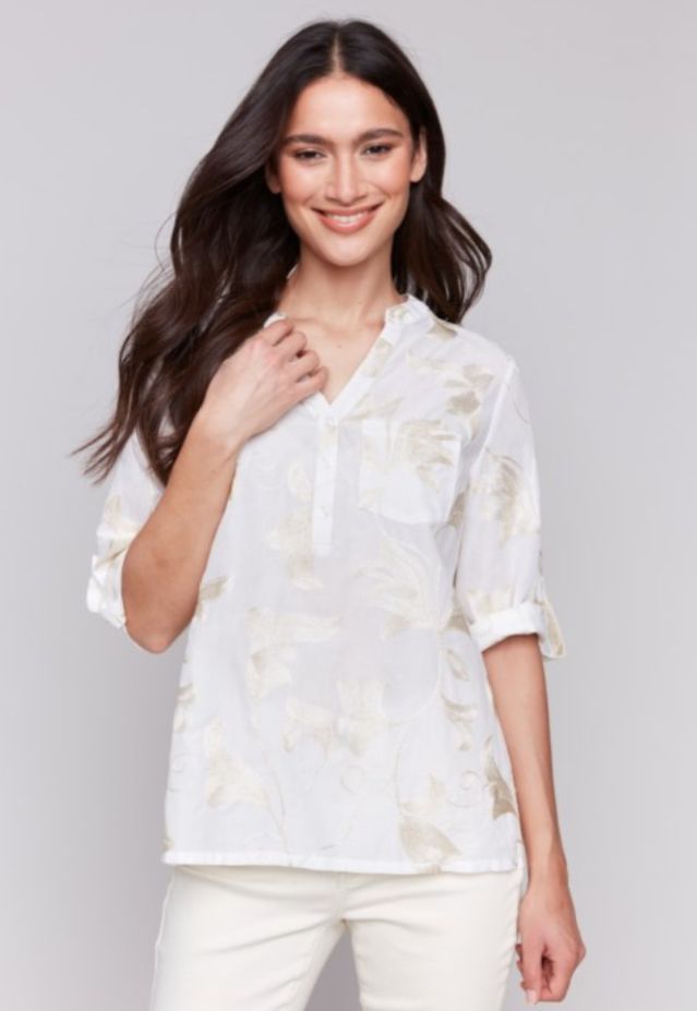 Charlie B Embroidered Cotton Half-button blouse
