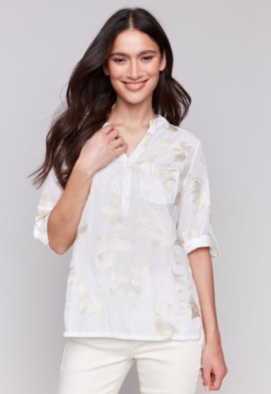Charlie B Embroidered Cotton Half-button blouse