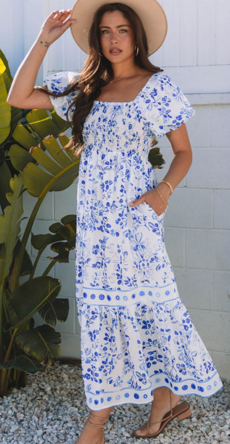 Sky Blue Floral Print Square Neck maxi dress