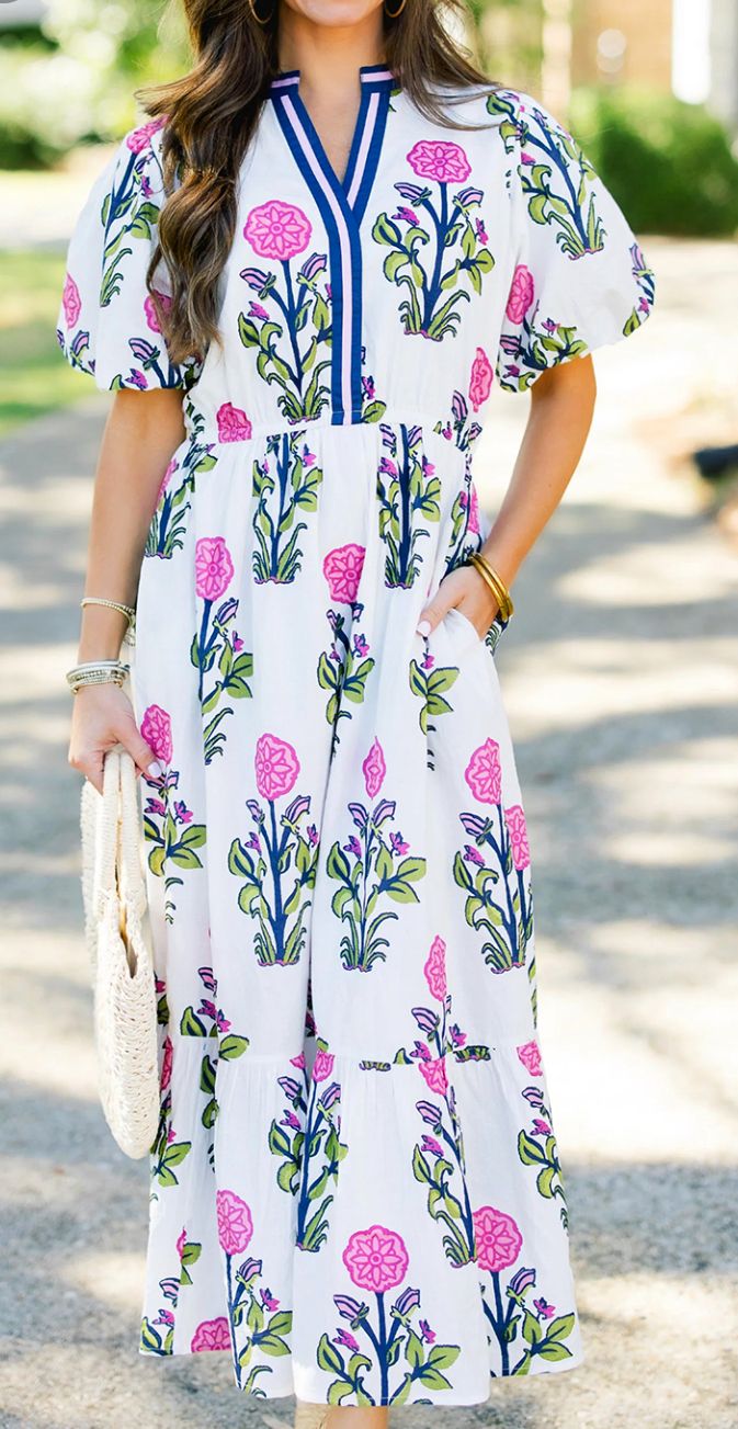 Floral Puff Short Sleeve Vneck High Waist Maxi
