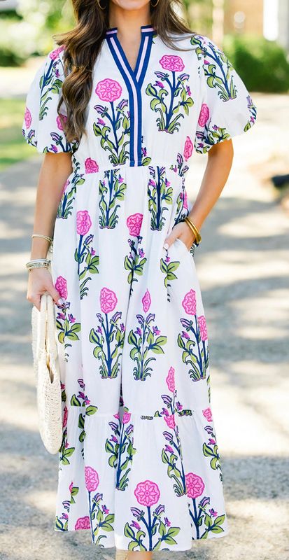 Floral Puff Short Sleeve Vneck High Waist Maxi 
