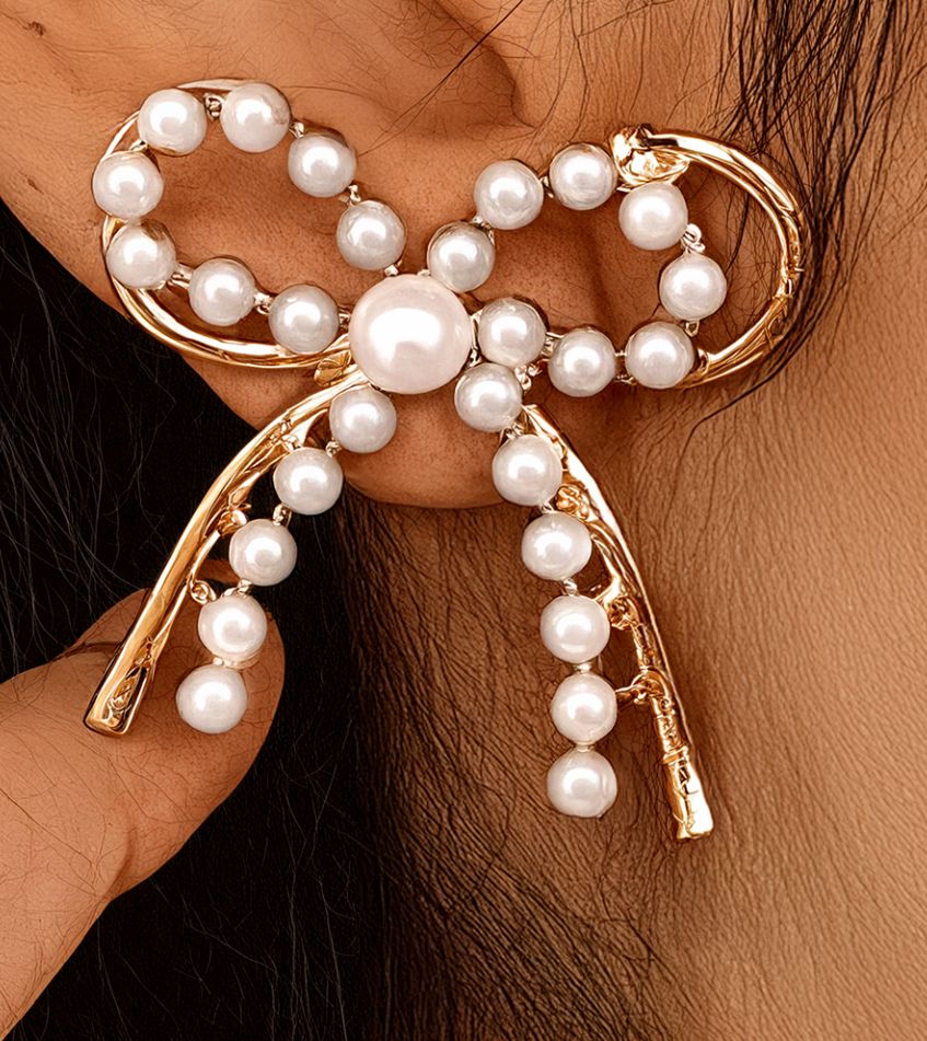 Pearl Embellished Alloy Bow Earrings