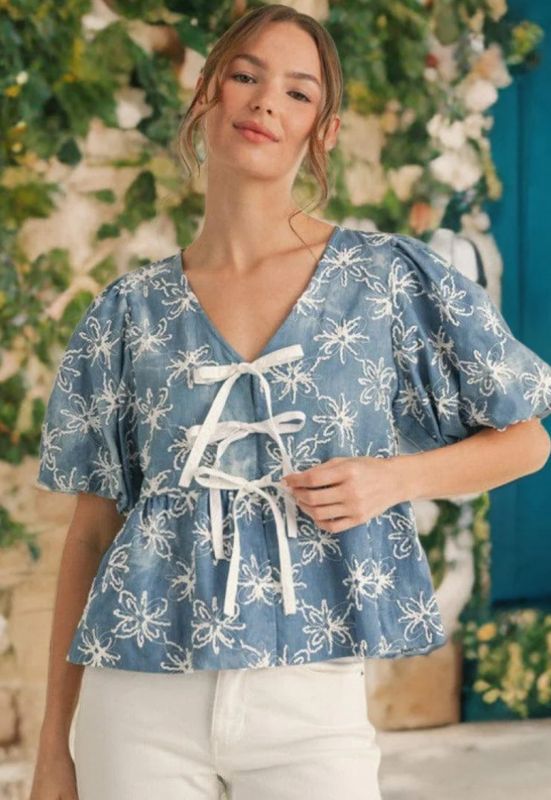 Jodifl lightweight denim flower embroidered peplum