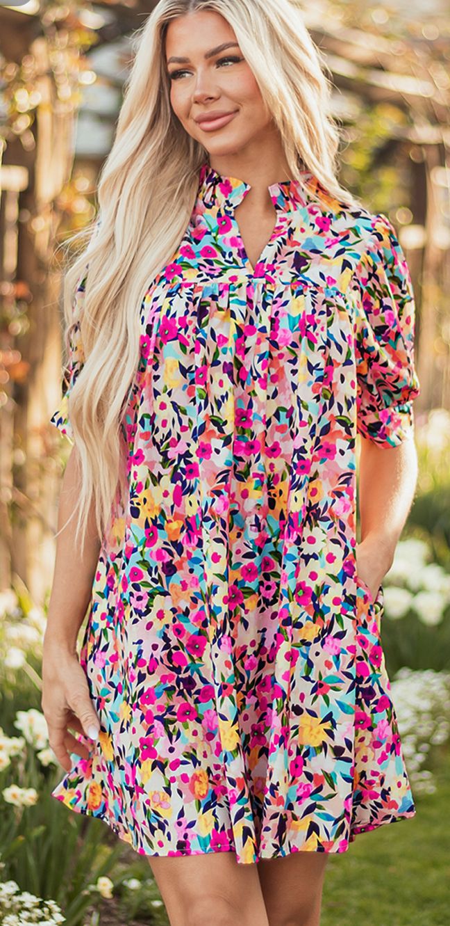 Floral Puff Short Sleeve V Neck Mini Dress