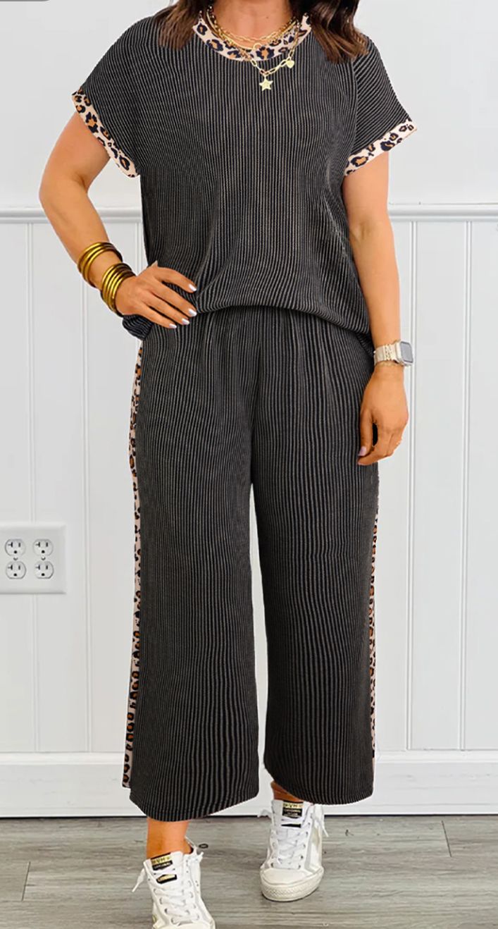 Leopard Patchwork Edge Twisted Rib Tee and pants