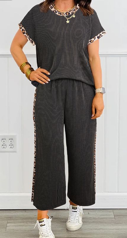 Leopard Patchwork Edge Twisted Rib Tee and pants