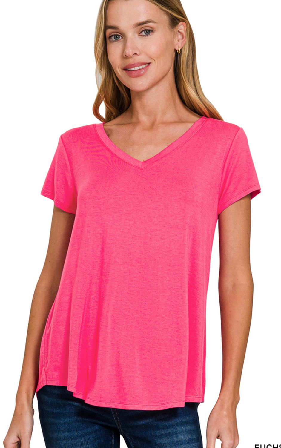 Zenana Rayon Short Sleeve V-neck round hem top