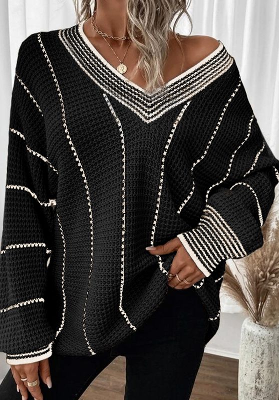 Colorblock Striped V Neck Knitted Loose Sweater