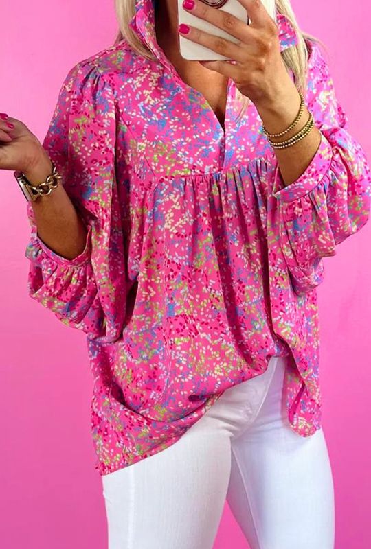 Abstract Print Collared V Neck Babydoll Blouse