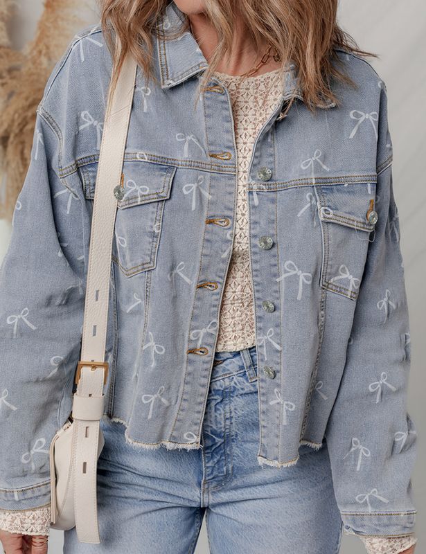 Bow Knot Print Light Wash Raw Hem Denim Jacket