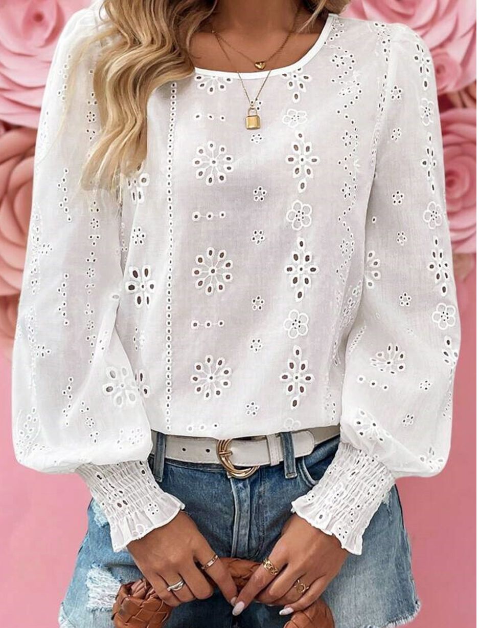 Eyelet Embroidered Smocked Cuff Sheer Blouse