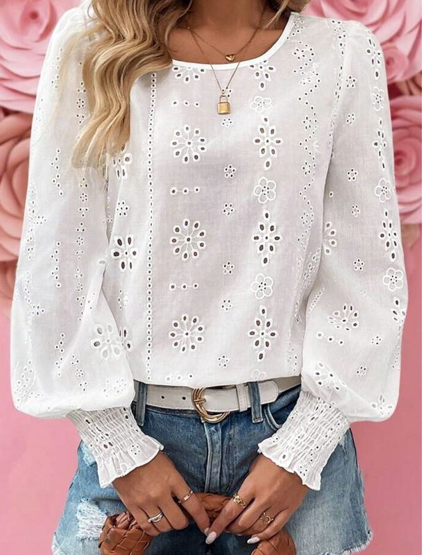 Eyelet Embroidered Smocked Cuff Sheer Blouse