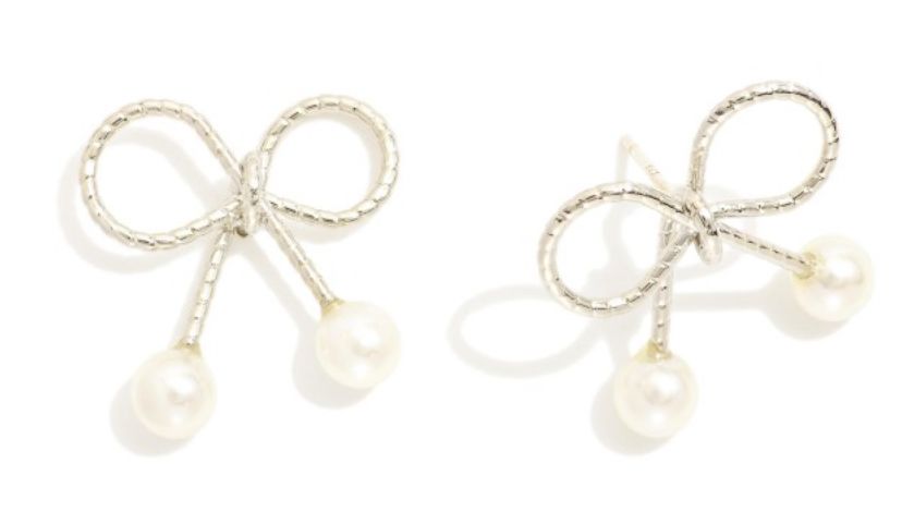 Textured Metal Tone Bow Earrings w/pearl detail