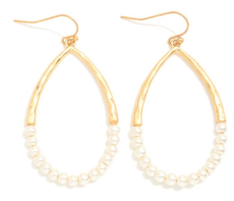 Hammered Metal &amp; Pearl Beaded Teardrop Earrings