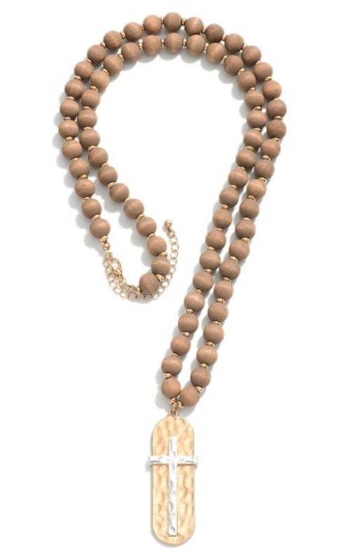Wood Beaded Necklace w/hammered Cross Pendant