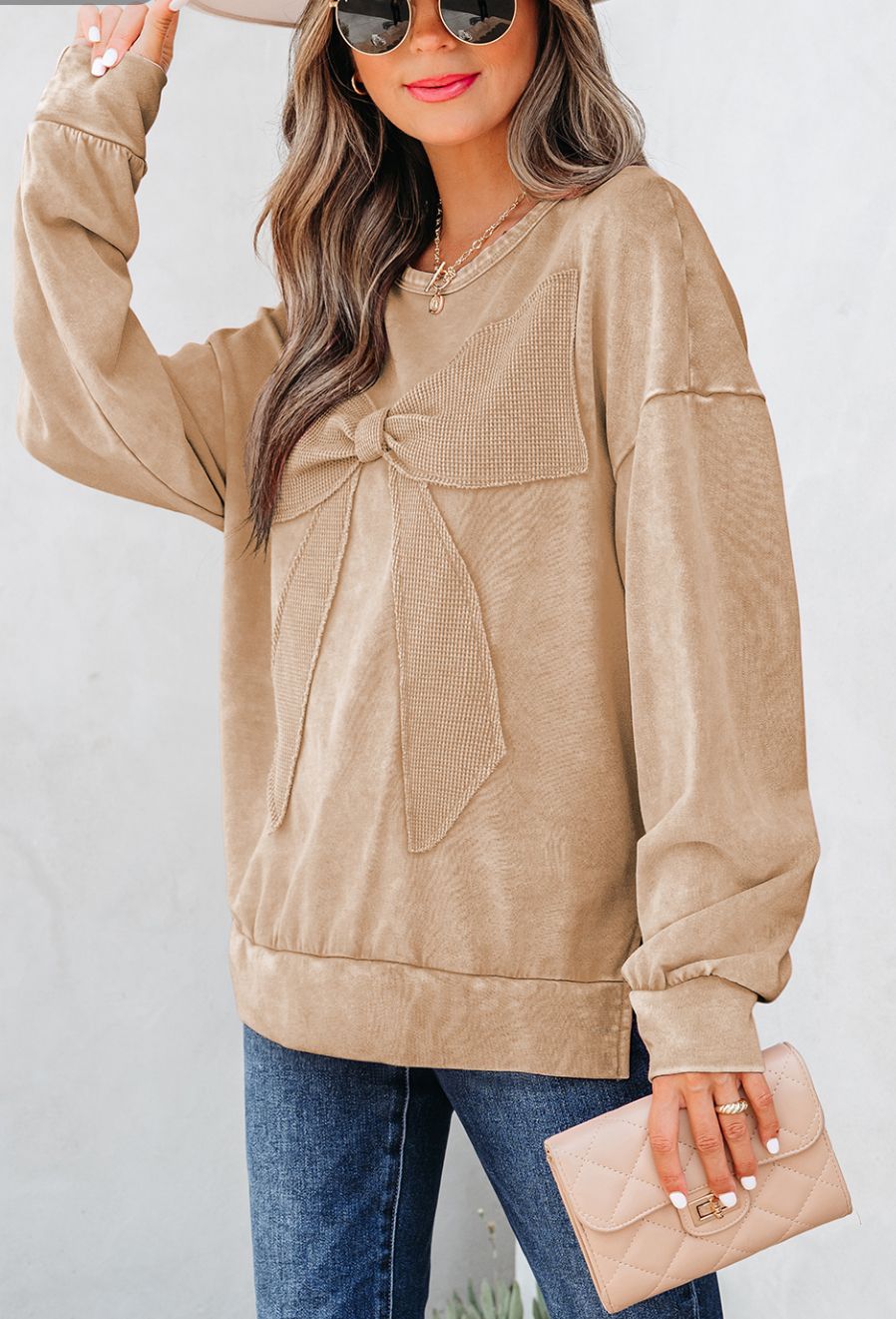 Mineral Wash Big Bow Patchwork Pullover Sweatshirt