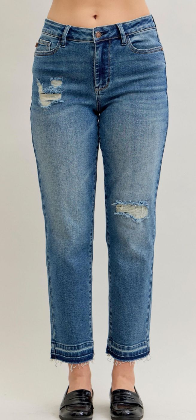 Judy Blue MR BF Patch &amp; Repair Release Hem Jeans