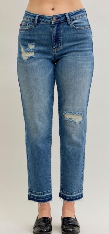 Judy Blue MR BF Patch &amp; Repair Release Hem Jeans