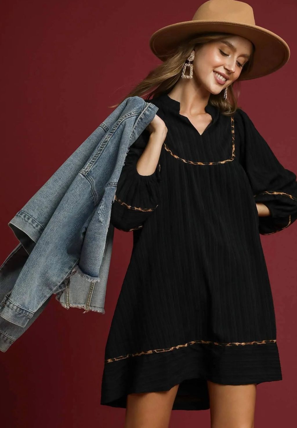 Umgee Textured Fabric Dress w/ Leopard Print Trim