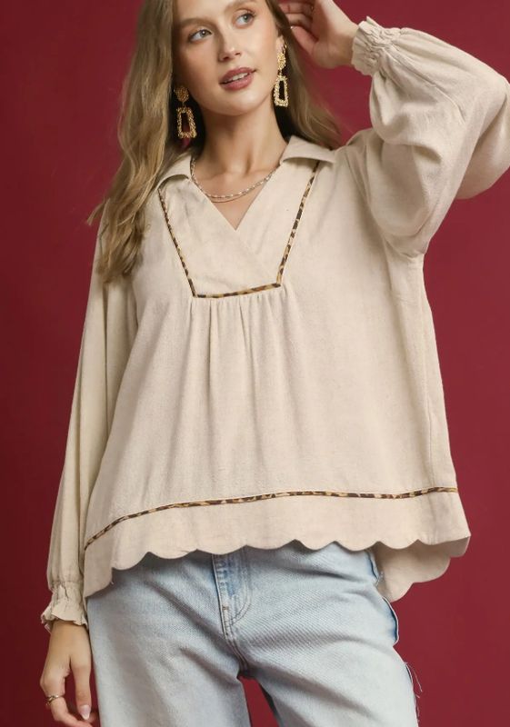 Umgee Linen Scallop Hem Blouse