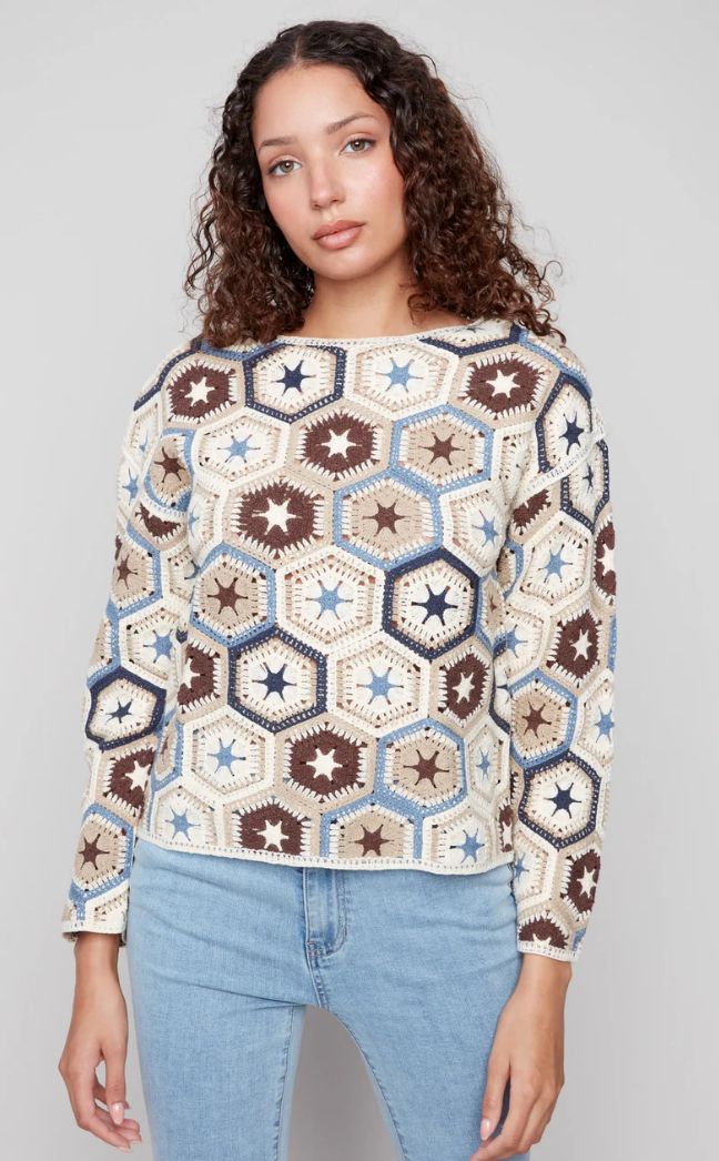 Charlie B Multicolor l/s crochet boat neck top