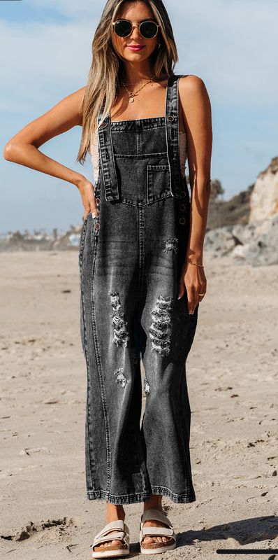 Distressed Bib Pocket Wide Leg Denim Overall