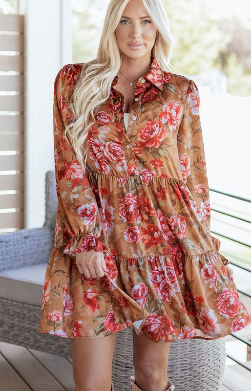 Vintage Floral Print Shirt Style Dress