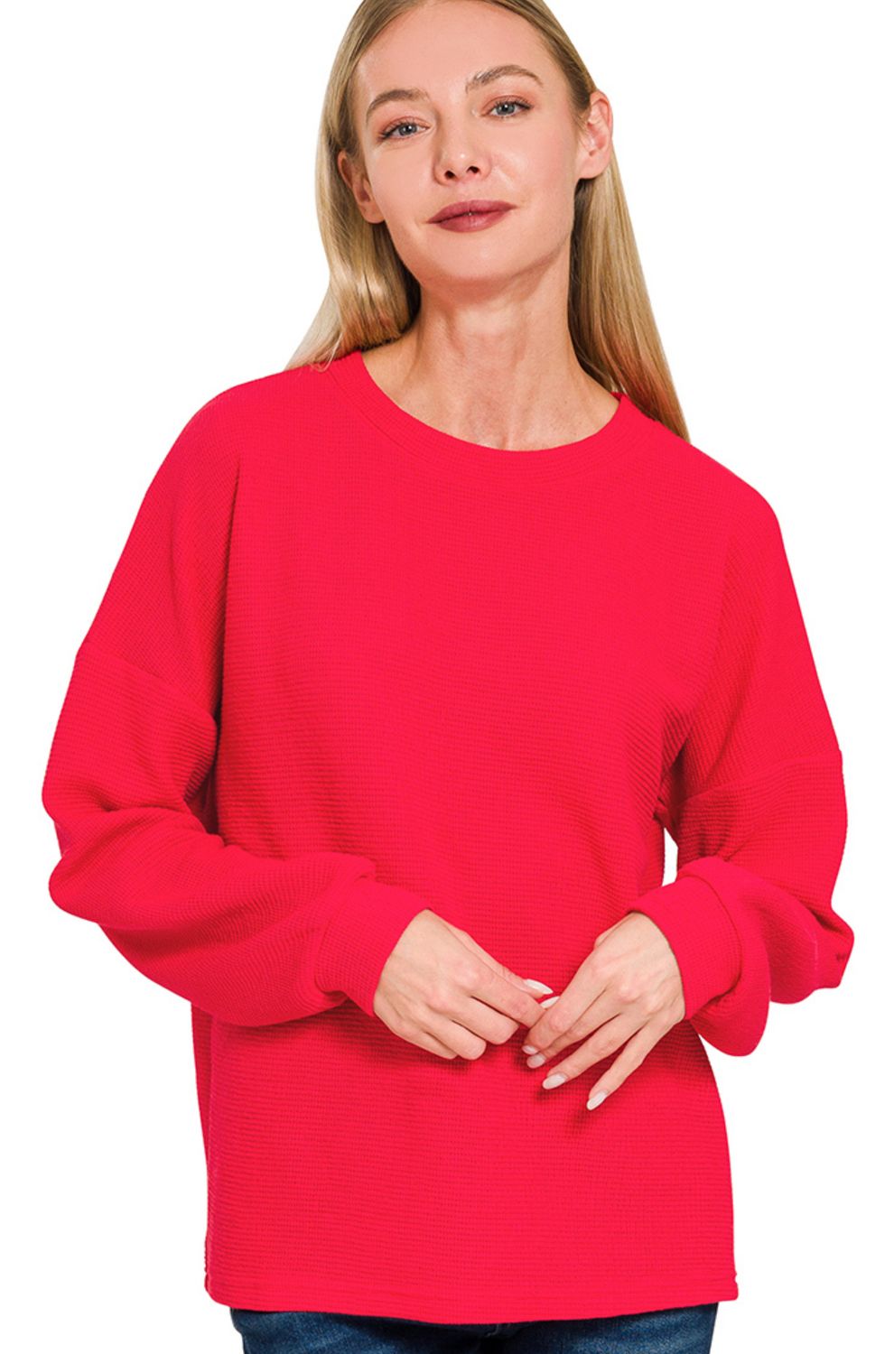 ZENANA DOUBLE KNIT ROUND NECK LONG SLEEVE TOP