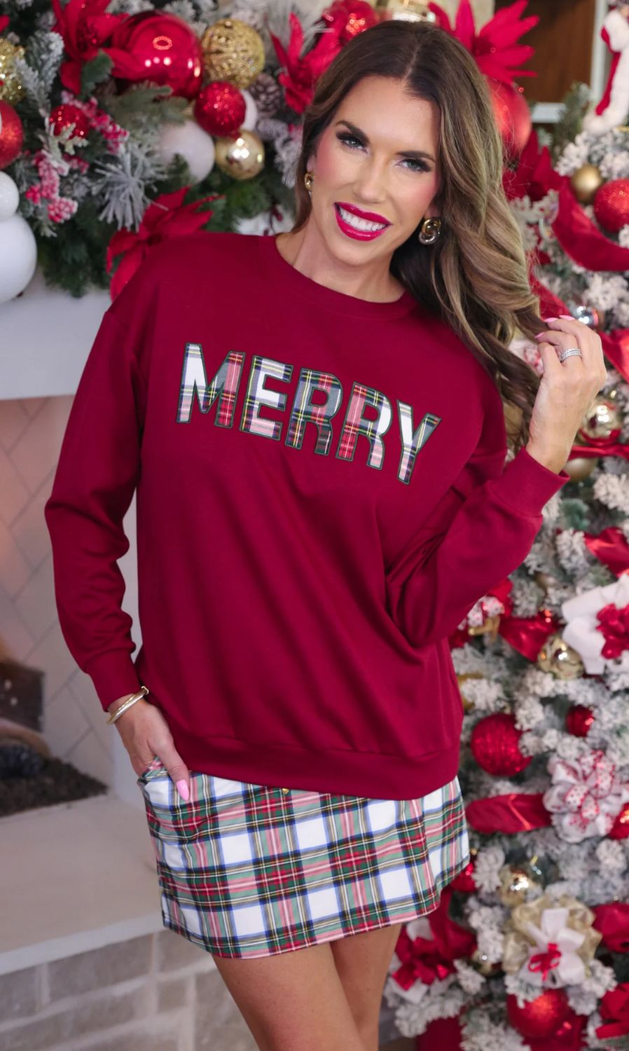 Merry Plaid Patch Luxe Pullover