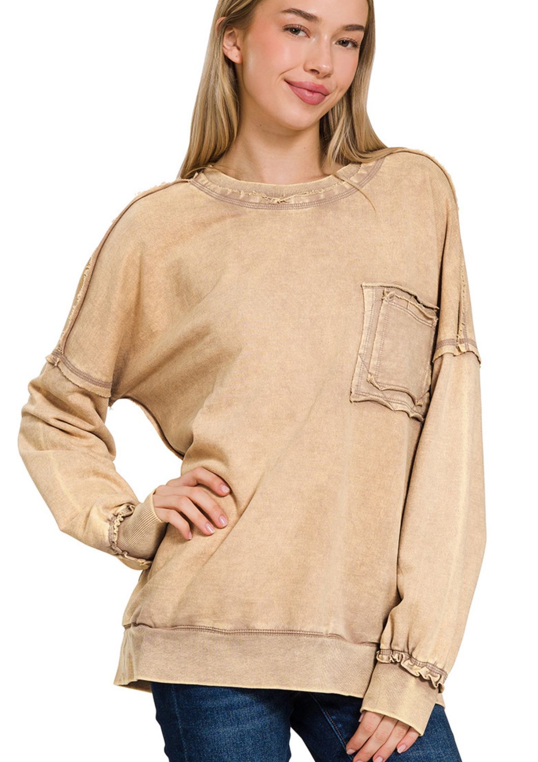 Zenana Acid Wash Raw Edge Pocket Pullover