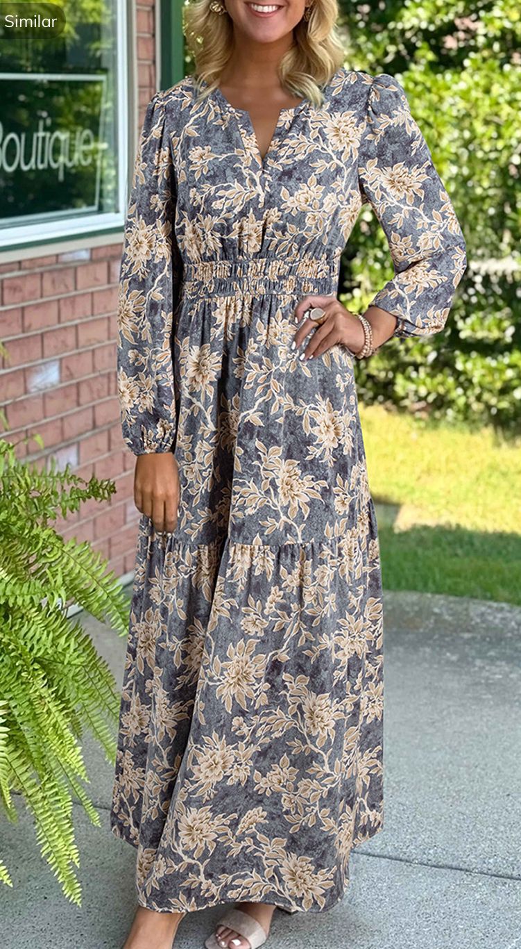 Floral Print Smocked High Waist long sleeve maxi 