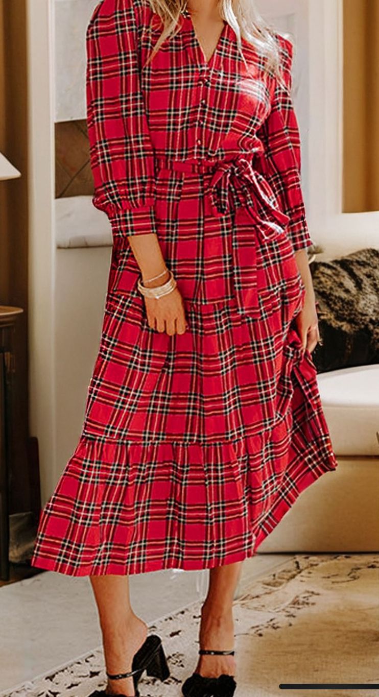 Christmas Plaid Vneck tie waist long dress