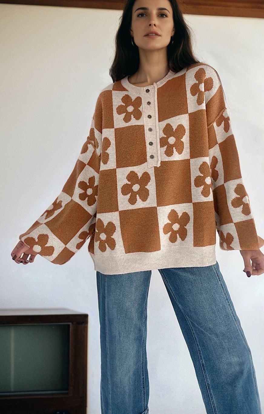 Flower Plaid Henley Baggy Sweater