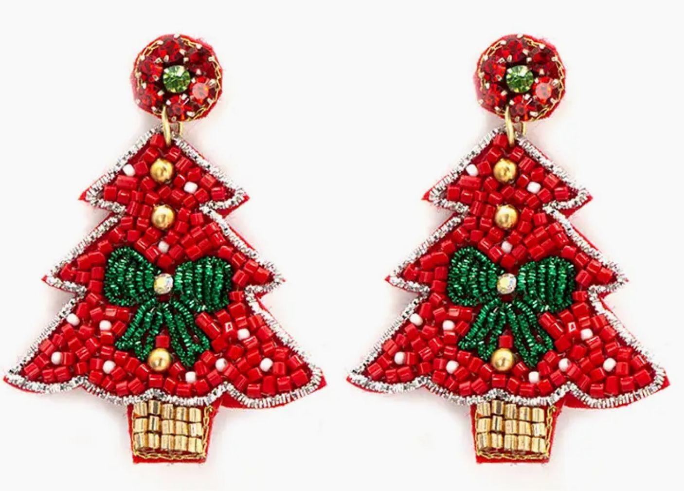 Red Seed Bead Earrings w/green bow