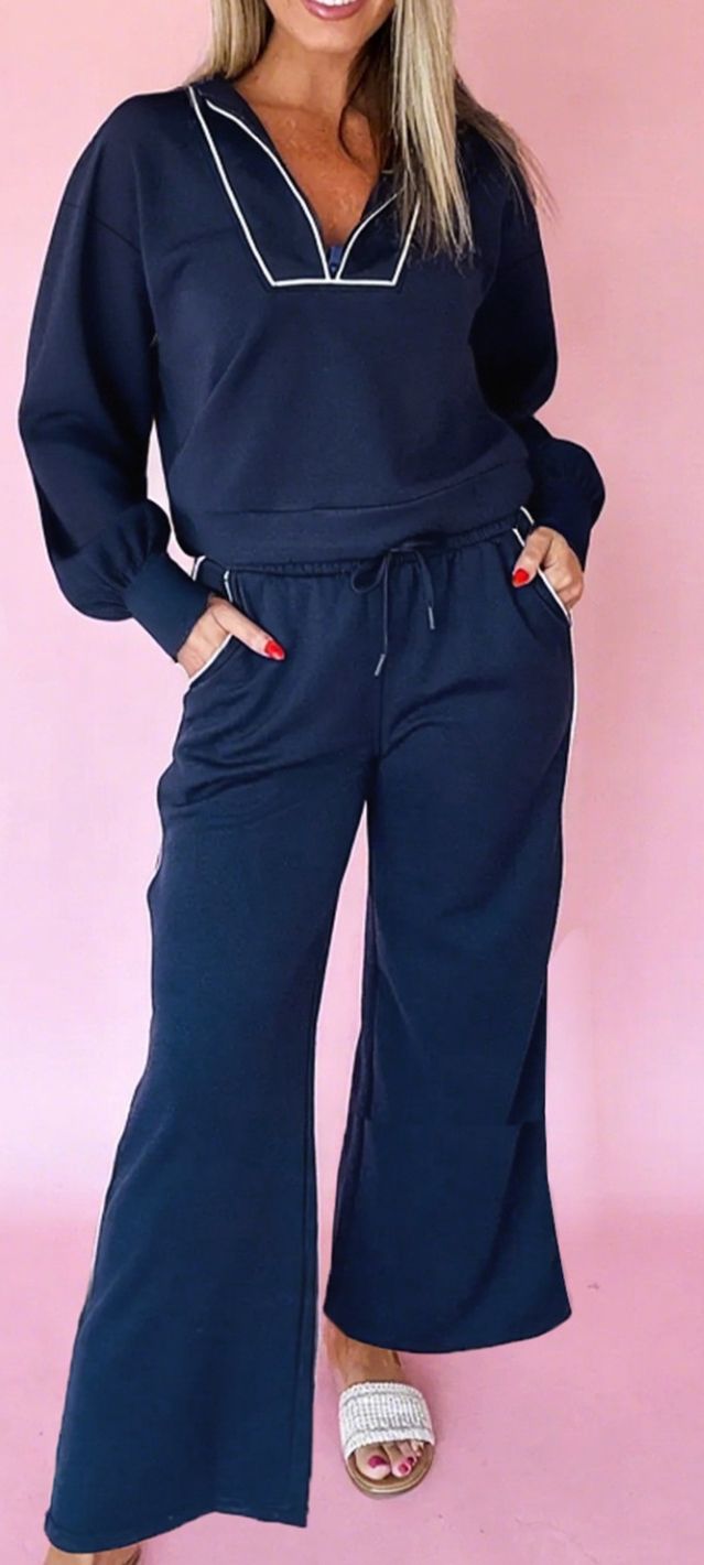 Contrast Piping Zipped Pullover Cropped Pants Set