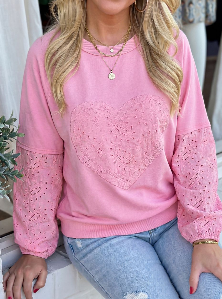 Broderie Anglaise Heart long sleeve patchwork top