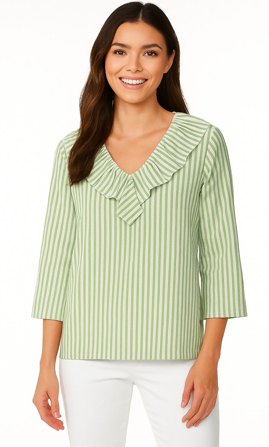 Linen-Like Striped Ruffle Neck Blouse