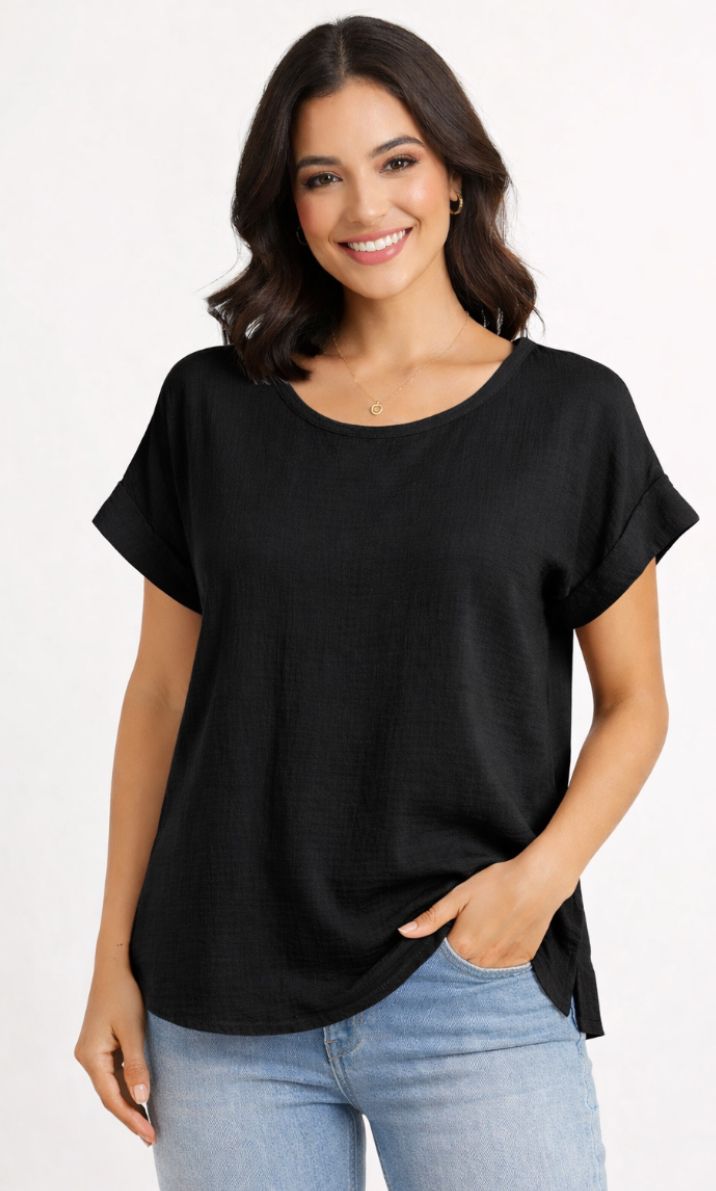 Cotton Gauze Roll Cuff Tee